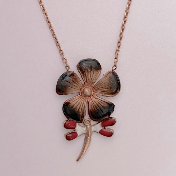Jewelry - Flower dragonfly 925 silver necklace 14k rose gold plating handmade enamel